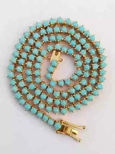 3mm Round Cut Lab-Created Turquoise Tennis Necklace 18 In 14K Yellow Gold Plated - Picture 1 of 9