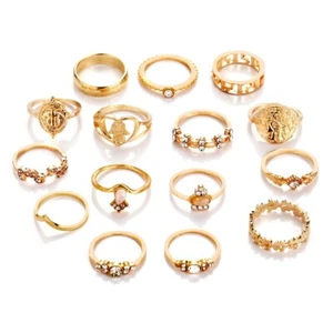 15pcs Gold Boho Stack Plain Above Knuckle Ring Sun Midi Finger Tip Rings Set - Picture 1 of 4