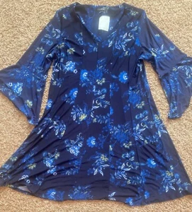 Womens Blue Floral Flowing Dress Paisley Dress V Neck - Picture 1 of 3