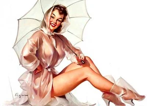IMPRESIÓN ARTÍSTICA EN LIENZO VINTAGE PINUP GIRL Gil ELVGREN Abrigo de lluvia Paraguas 8" X 12" - Imagen 1 de 1