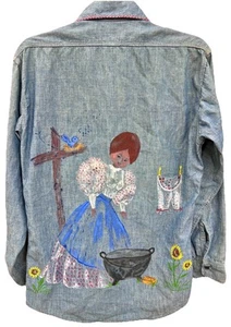1960’s Embroidered Painted Country Scene Chambray Light Denim Shirt Size Small - Picture 1 of 5