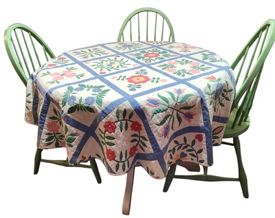 Handstitched Quilted Table Cloth 72" Round White Blue Floral Cottage Farmhouse - Image 1 of 4