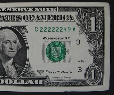 2017A $1 (ONE DOLLAR) - NOTE - FANCY SERIAL NUMBER - TRINARY - SIX 2'S IN A ROW - Image 1 of 3