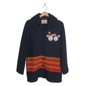 Mickey & Co Disney Japan Vintage Sz S Black Boiled 100% Wool Embroidered Jacket - Picture 1 of 14