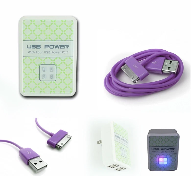 20 4 ADATTATORE DA PARETE PORTA USB + CAVO 3 PIEDI CARICABATTERIE VIOLA PER IPHONE 4S IPOD IPAD - Immagine 1 di 1