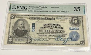 1902 PB $5 RICHMOND, VA (Ch #5229) PMG VF35 National Currency Bank Note Large - Picture 1 of 2