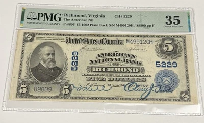 1902 PB $5 RICHMOND, VA (Ch #5229) PMG VF35 National Currency Bank Note Large - Image 1 of 2