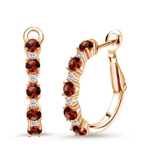 18K Rose Gold Plated Silver Garnet and White Topaz Hoop Earrings For Women - Picture 1 of 4