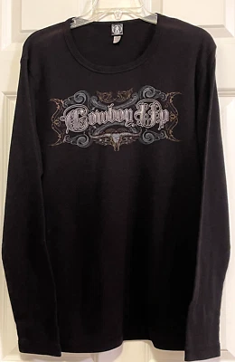 Cowboy Up Thermal Black Long Sleeve Shirt Size Large - Image 1 of 4