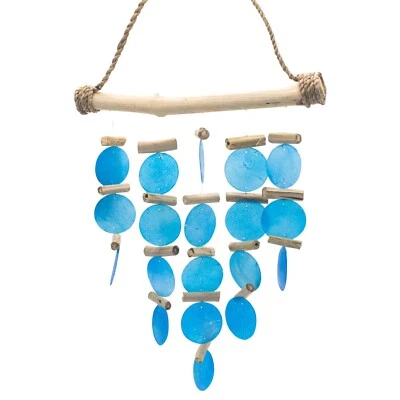 Blue Capiz Shell Glass and Driftwood Windchimes - Handmade Garden Wind Chimes - Image 1 of 4