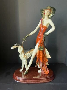 A. SANTINI VINTAGE FIGUR ART DECO DAME MIT BARSOI HUND 17" HOCH, SIGNIERT - Bild 1 von 6