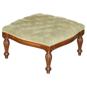 VINTAGE MAHOGANY FRAMED GREEN VELOUR CHESTERFIELD TUFTED LARGE FOOTSTOOL OTTOMAN - Picture 1 of 10