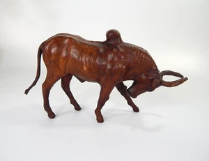 Vintage Mid-century Wood Leather Wrapped BULL Matador Brahman Western Ranch - Picture 1 of 9