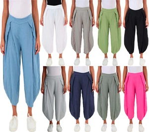 Ladies Plain Layered 3/4 Length Italian Linen Joggers Elastic Waist Soft Trouser - Picture 1 of 46