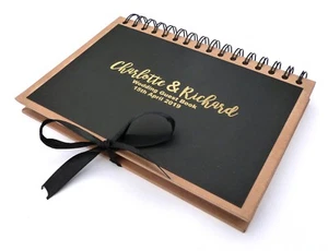 A5 PERSONALISED KRAFT BROWN BLACK GOLD FOIL PRINTED WEDDING GUEST BOOK RIBBON - Imagen 1 de 3