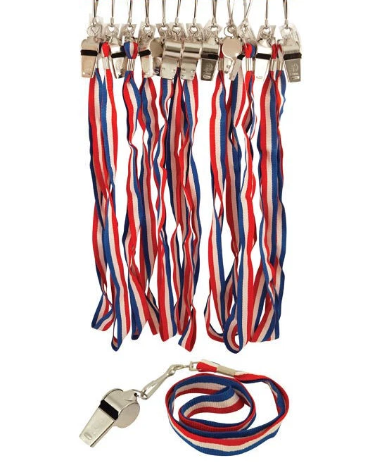 6 Red, White & Blue Metal Whistles - Referee Rope Keyring School Rugby Football - Image 1 of 1