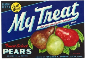 Etiqueta original de caja de pera MI TRATO George F. Joseph Company Yakima Washington - Imagen 1 de 2