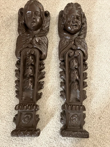 Set  1900’s Antique Fireplace Architectural Salvage Carved Wood Corbels Cover