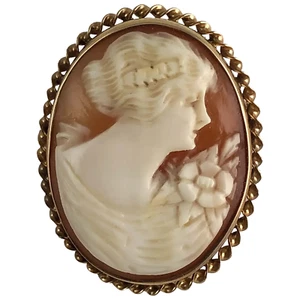 FINE 10K GOLD Shell Carnelian Cameo Pendant Brooch Pin - Picture 1 of 4