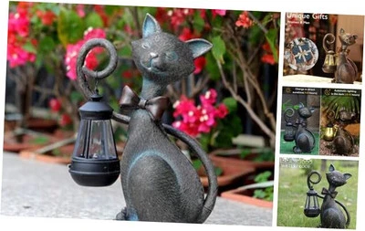 Caprichosa Estatua Solar de Gato con Linterna Solar - Única Gato de Bronce Exterior Foto 1 de 4
