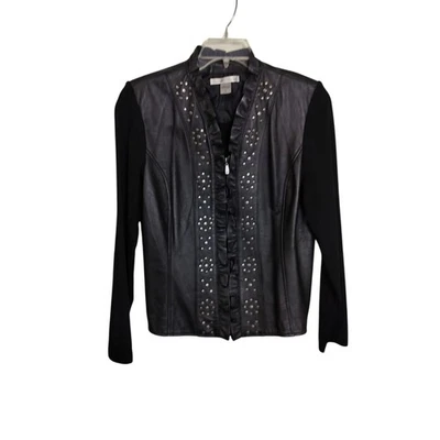 4435) Chaqueta Peter Nygard Negra Moto Cuero Metal Tachuelas Manga Tejida Cremallera Completa L Foto 1 de 4