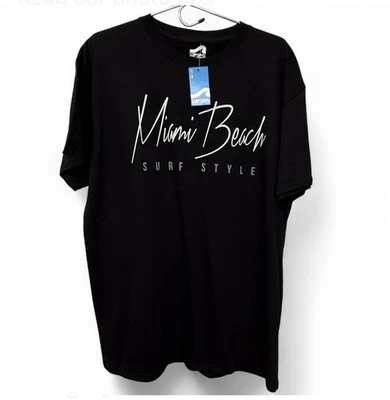 NWT MIAMI BEACH SURF STYLE BLACK T-SHIRT, SIZE L, CHEST 44", LENGTH 31" - Image 1 of 3