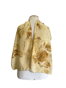 H70# Vintage Silk Scarf Beige Yellow Abstract Leaf Print Hand Rolled Hem - Picture 1 of 3
