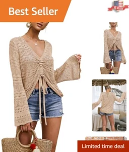 Chic Crochet Beach Cover-Up Tee - Lightweight Oversized Drawstring Shirt - Picture 1 of 9