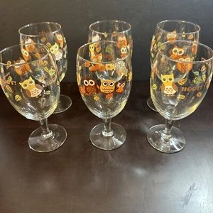 6 VTG Libbey Crisa Hoot Owl Goblets  Glasses Water Wine Goblet - Picture 1 of 3