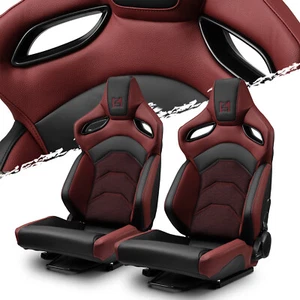 Reclinable PVC Racing Seats Pair Universal Car Seat Black-Red Full Set w/Sliders - Bild 1 von 10
