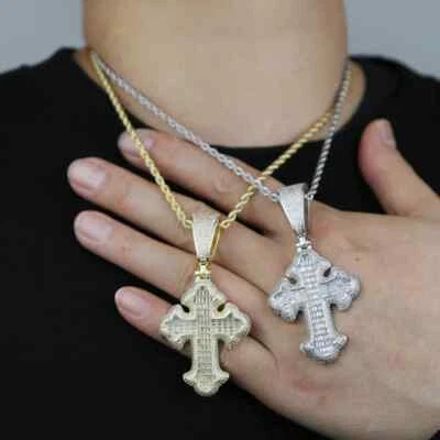Iced Out Bling Cross Pendant Necklace Gold Color CZ Religion Hip Hop Charm 18" - Image 1 of 4