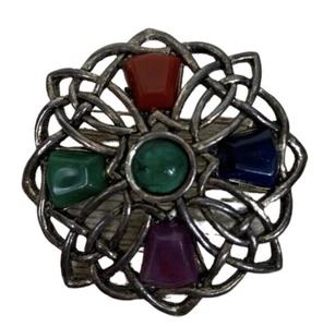 Vintage filigrane Brosche keltischer Knoten Plexiglas grün rot Cab lila signiert Solo oder Anstecknadel - Bild 1 von 7