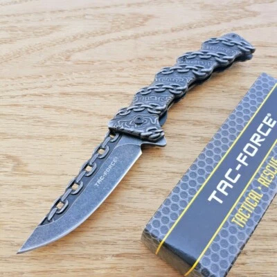 Tac Force Chain Assisted Folding Knife 3.5" 440 Steel Blade Stainless Handle - Image 1 of 4