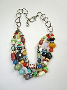 Multi Strand Artisan Made Necklace Glass Quartz Pearl Painted Beads Silver Tone