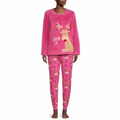 SECRET TREASURES PLUSH REINDEER PAJAMA LONG SLEEVE LONG PANTS SET ROSE 2X - Image 1 of 4