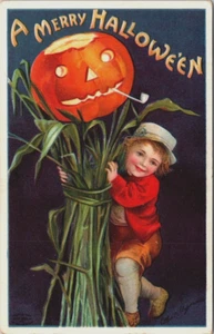 Merry Halloween Postcard Clapsaddle Sweet Boy Corn Stalks JOL Pumpkin Pipe 1910 - Picture 1 of 2
