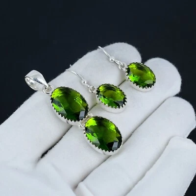 Peridot Gemstone 925 Sterling Silver Pendant & Earrings Set For Valentine's Gift - Image 1 of 4