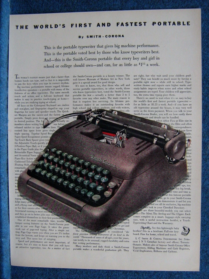 1953 Smith-Corona Typewriter Ad  Lg Brown Typewriter w/Green Keys - First & Fast - Image 1 of 1
