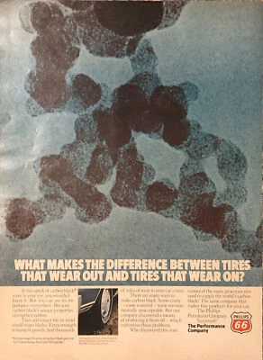 Phillips 66 Petroleum Co 1974 anuncio impreso negro carbono caucho fuerte de colección años 70 Foto 1 de 4