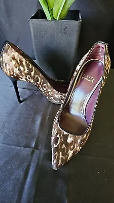 Stuart Weitzman Dyed Calf Leopard Print Fur & Leather 4” Stiletto Heels - Size 6 - Image 1 of 4