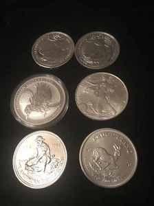 Lot 6 Silver Coins .999 Eagle Britannia Krugerrand Kookaburra Prospector 6 Oz - Picture 1 of 8