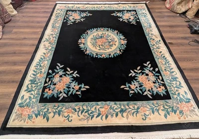 Chinese Wool Rug 8x10, 90 Line Sculpted Carving Rug, Black, Open Field, Floral - Image 1 of 4