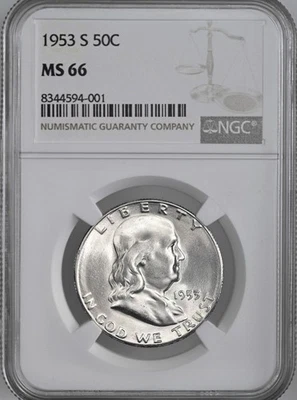 1953-S  50C FRANKLIN SILVER HALF DOLLAR SAN FRANCISCO MINT NGC MS66 #8344594-001 - Image 1 of 4