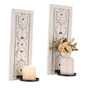 Rustic Candle Sconces Wall Decor Set of 2 - Wood 15.8"L x 6"W Distressed White - Picture 1 of 7