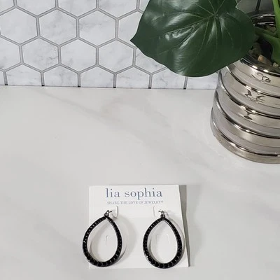 Lia Sophia Black Rhinestone Open Tear Drop Dangle Earrings - Image 1 of 4