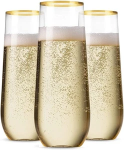 36 Pack Stemless Plastic Champagne Flutes, Disposable 9 Oz Gold Rim Clear Pla... - Picture 1 of 6