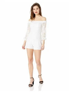 GUESS Womens White Lace Long Sleeve Off Shoulder Romper XS - Picture 1 of 11