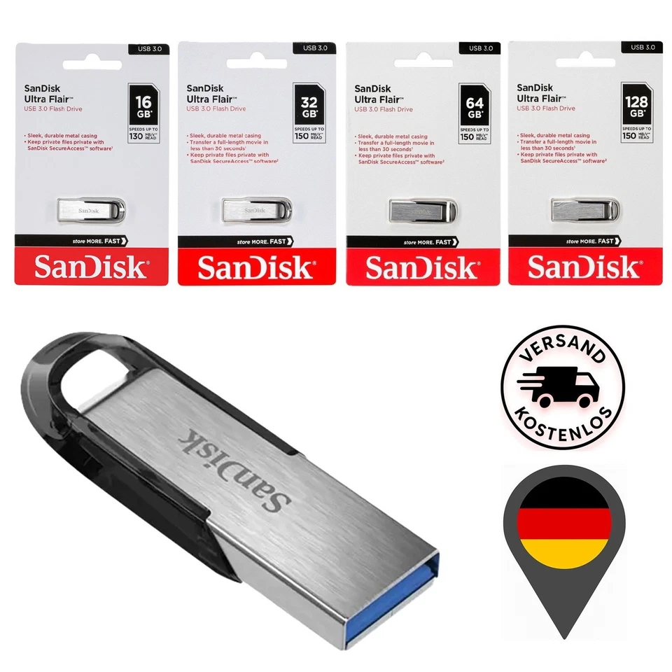 SanDisk Ultra Flair USB 3.0 Stick 16GB 32GB 64GB 128GB schneller Datenspeicher - Bild 1 von 4