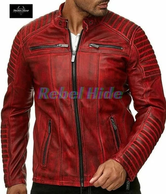 Men's Retro Vintage Distressed Leather Jacket Cafe Racer Real Leather Jacket Red - Image 1 of 3