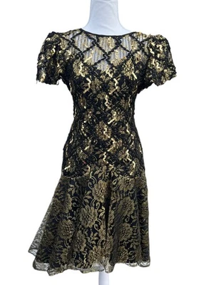 Vintage HW Collections Gold And Black Lace Sequin Formal Dress Gown Size 4 - Image 1 of 4